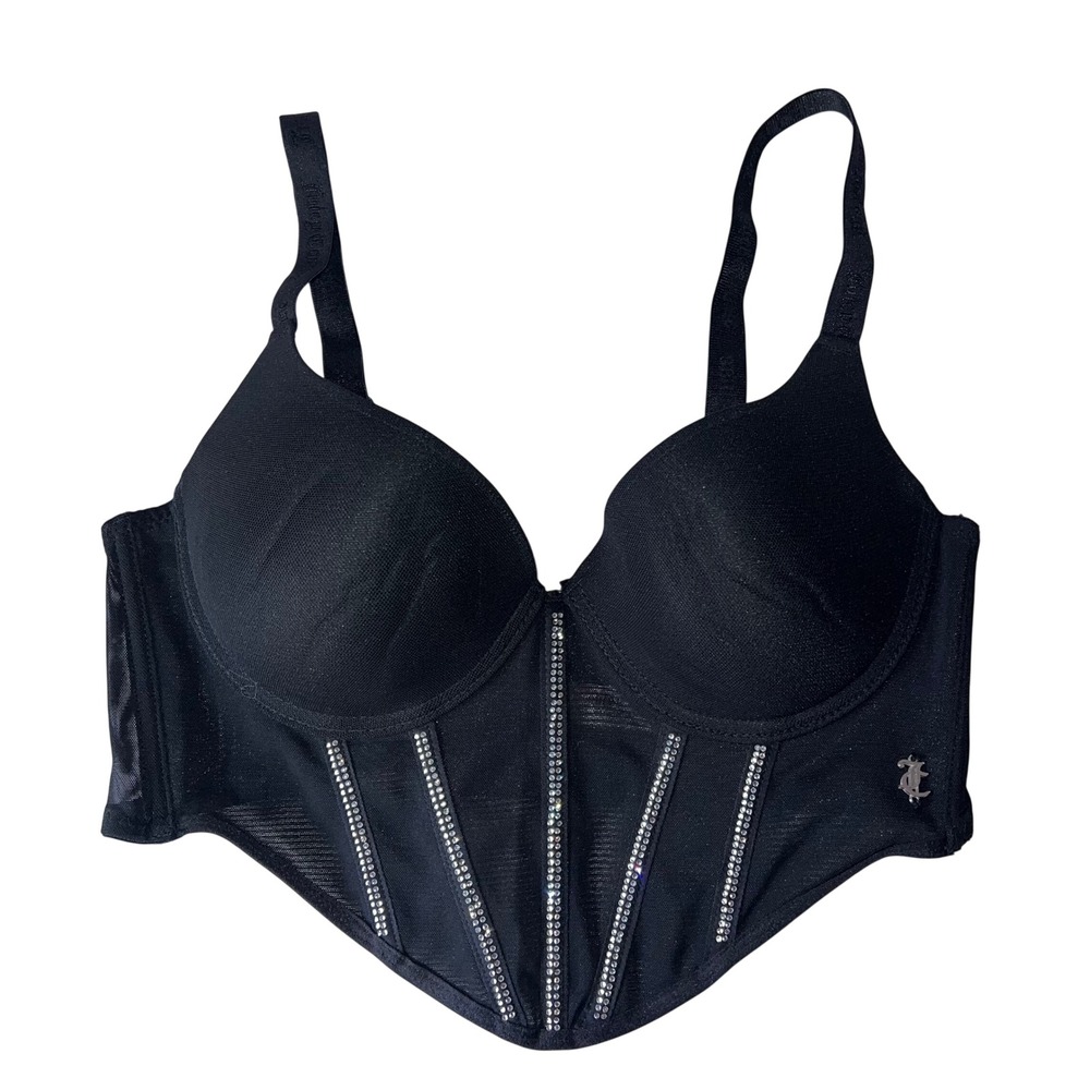 Juicy Couture Black Mesh Rhinestone Corset Bra Top Push Up Bustier Large